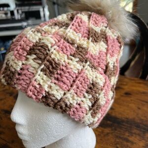 Cozy Handmade Crochet Beanie – Blush Plaid w/ Faux Fur Pom